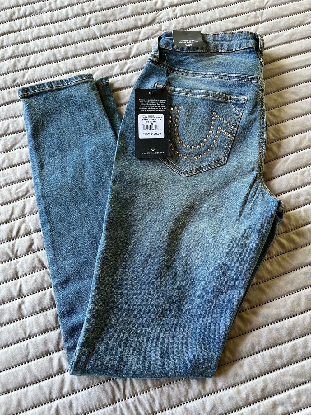 NWT True Religion Women's Light Blue Studded Pocket Jeans Size US2 (26 inTR) NWT